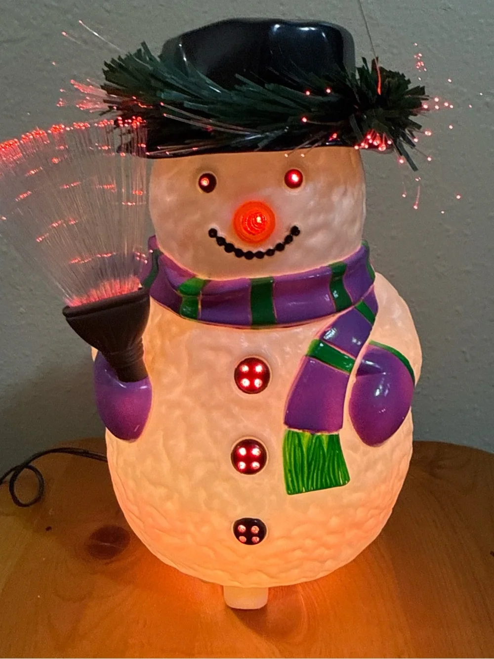 Vtg Fiber optic Blow mold  Purple & Green Snowman Holiday Light